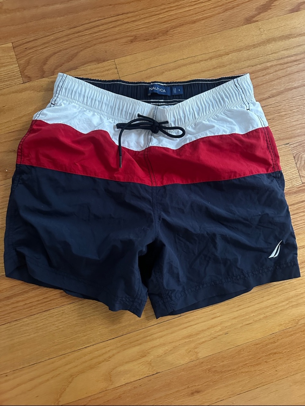 Nautica Men’s Red, White & Navy Colorblock Swim Trunks New Without Tag